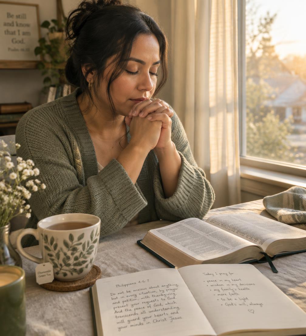 Mujer orando junto a la ventana con su Biblia y una taza de té